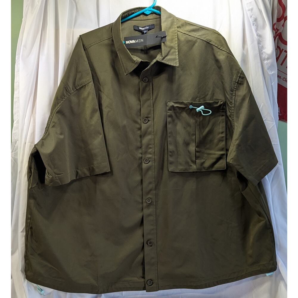 NWT Nova Men Over Sized Short Sleeved Button Up Olive Shirt Size XXL